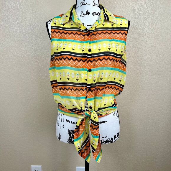 Geri C. Yellow  geometric sleeveless button up collar  top size L beach vacation - Picture 13 of 13